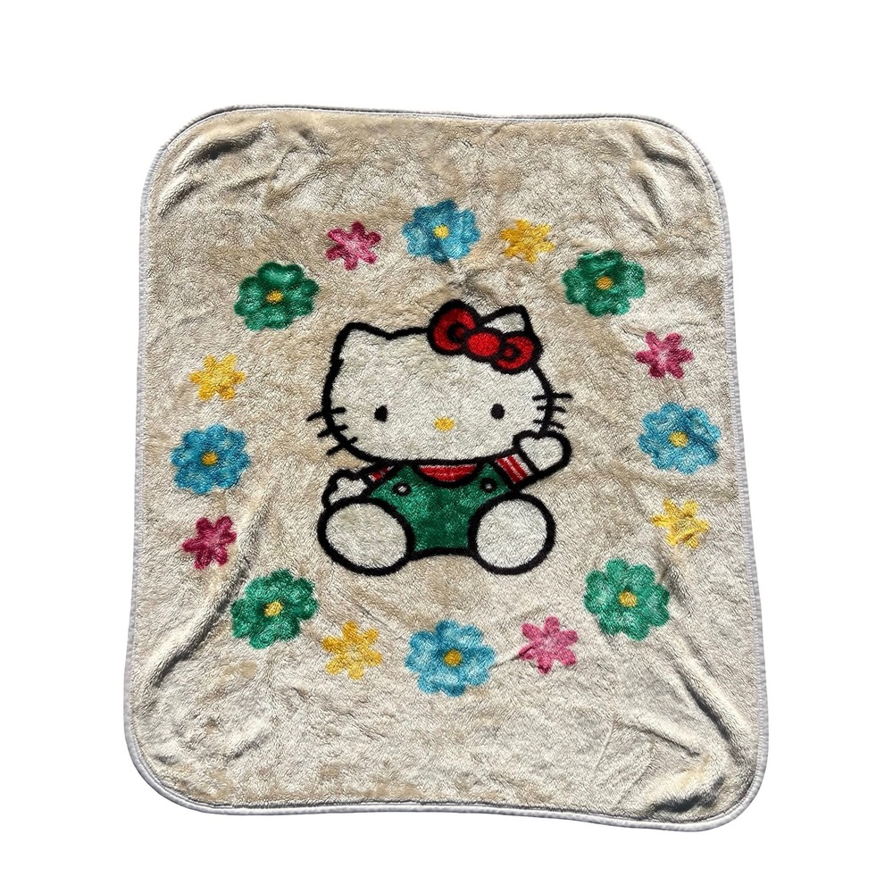 VTG 90s Sanrio Hello Kitty Thermal Plush Throw Blanket Cream Floral 43x49 Kawaii